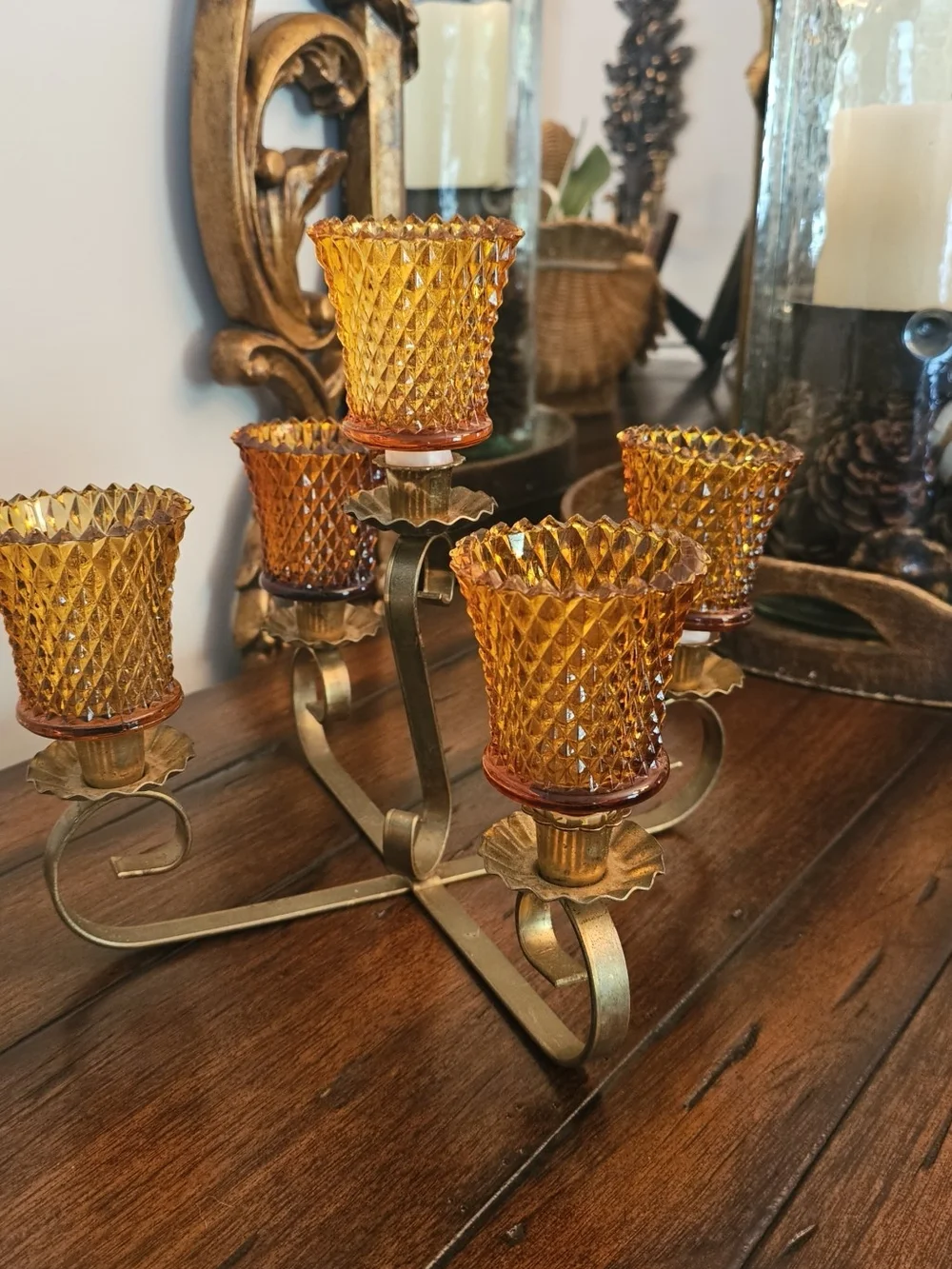Vtge Amber Glass and Brass 5-Arm Candleholder Centerpiece  Unique With Votives.